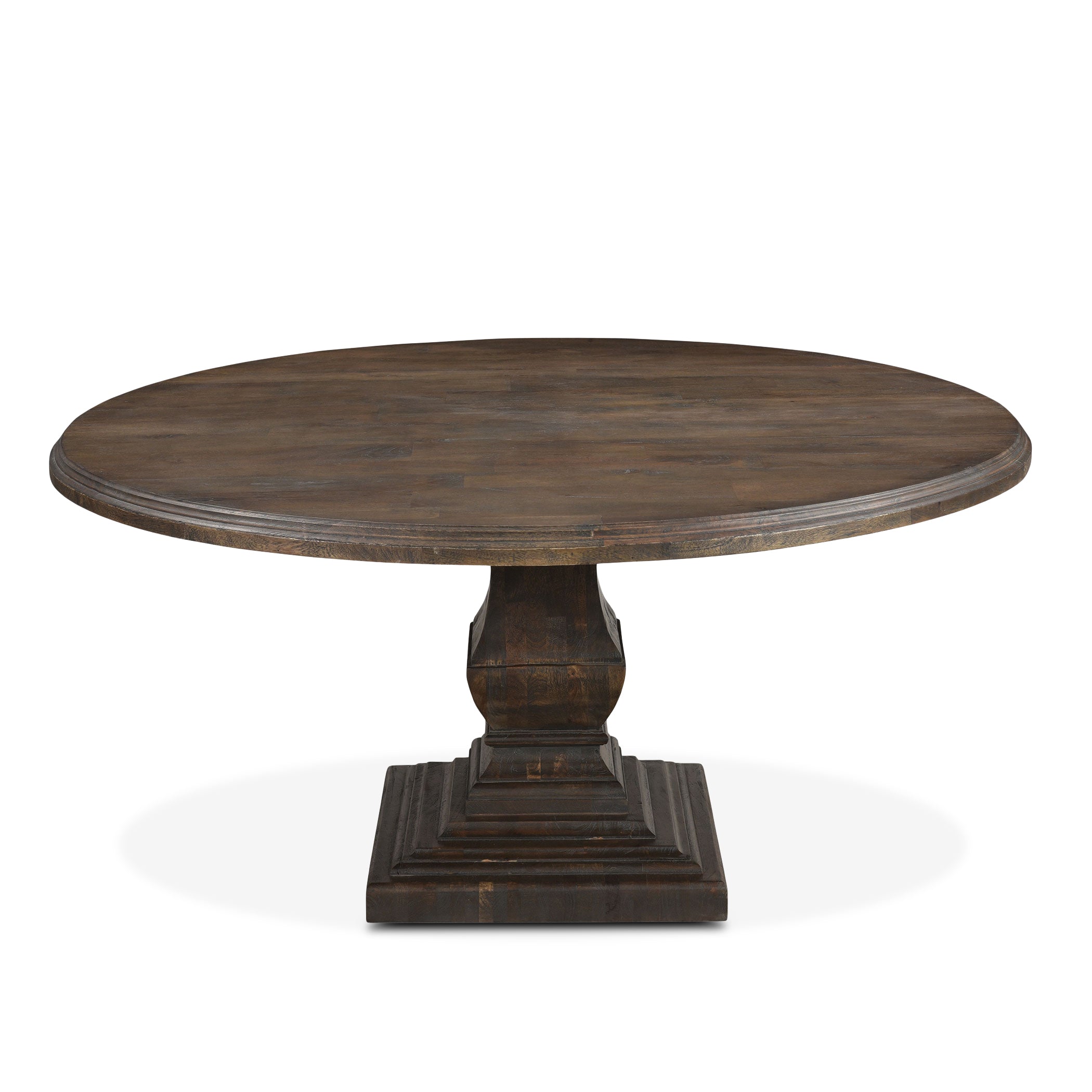 Toulon Round Dining Table, Weathered Mango: Natural Wood Knots and Markings