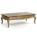 Arles Coffee Table: Rectangular oak coffee table with curved legs and a limed grey finish for a vintage aesthetic