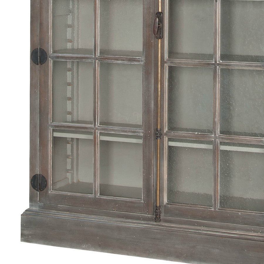 Elegant Wooden Display Cabinet: Farmhouse-style furniture piece with glass doors and ample storage space