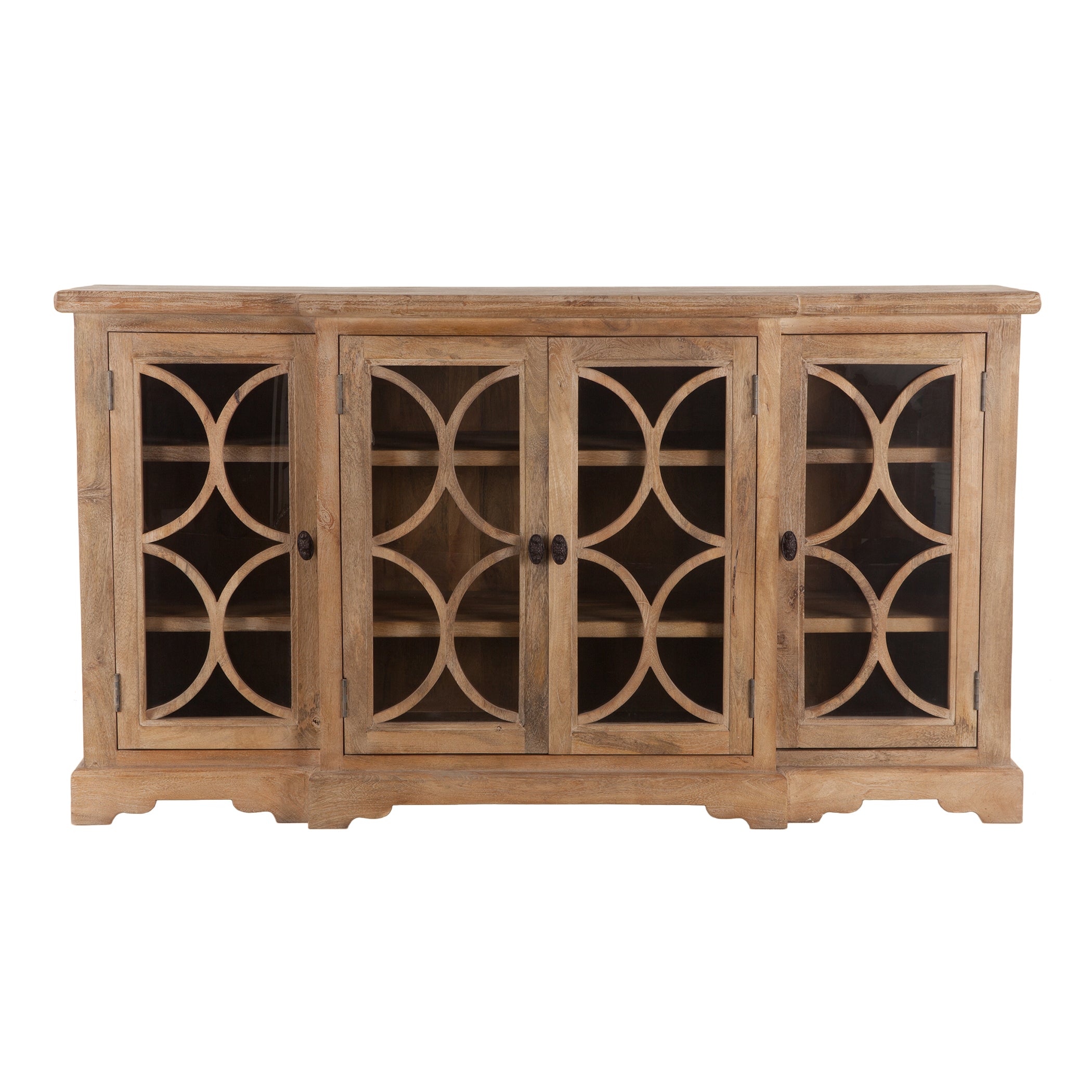 Pengrove Sideboard in antique oak finish, crafted from solid mango wood with carved glass doors