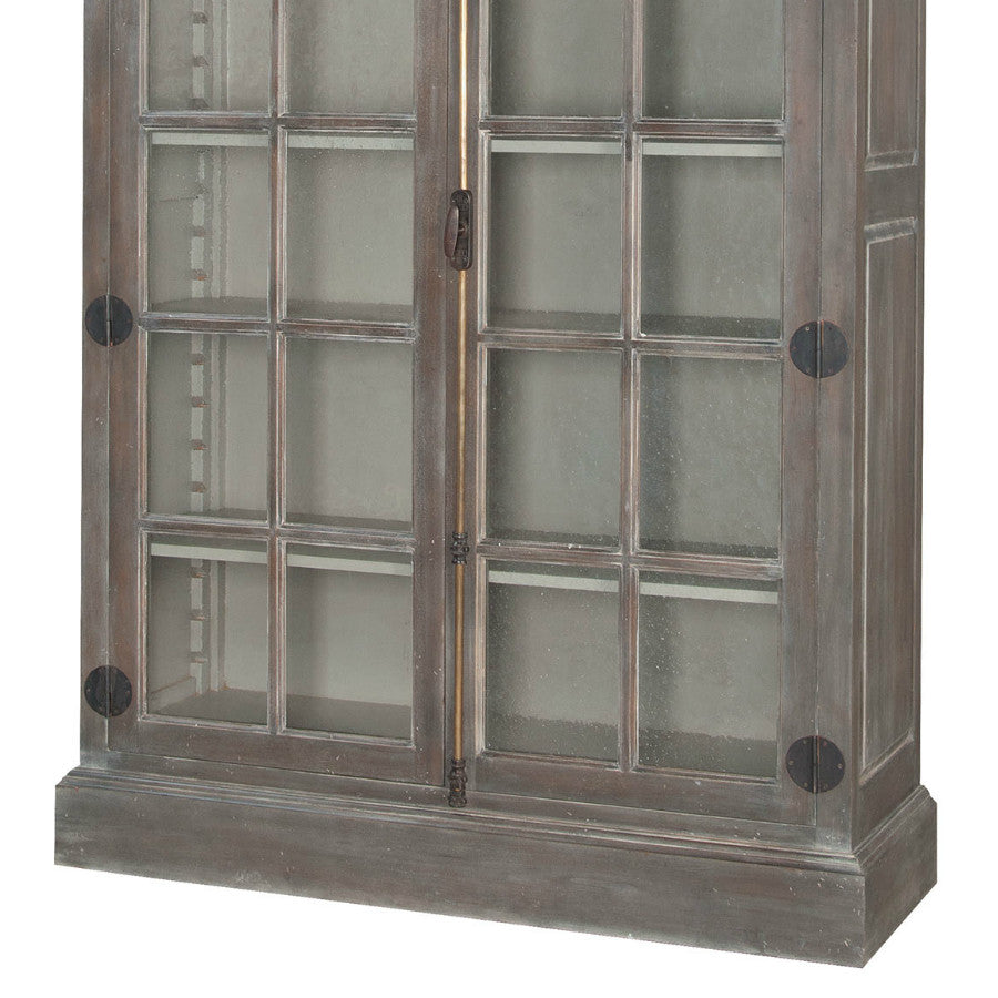 Solid Mahogany Arched Display Cabinet: Tall wooden cabinet with a sophisticated grey stain and white wash finish