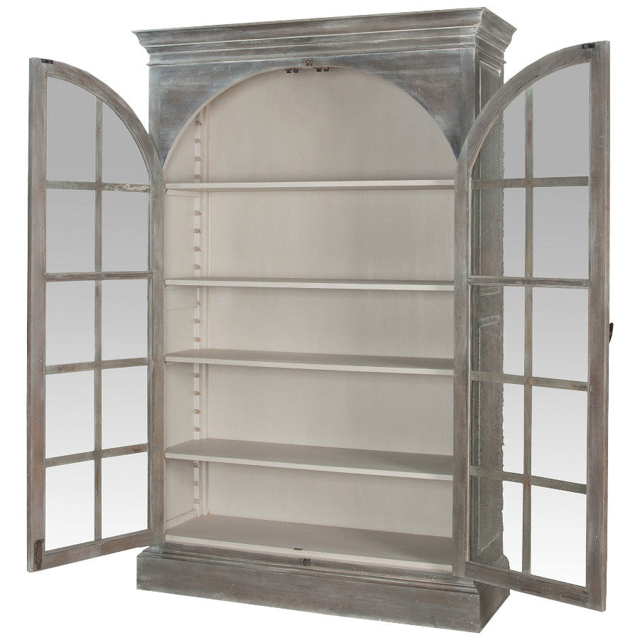 Tall Mahogany Display Cabinet: 80-inch vintage industrial cabinet with glass doors and a Manor Griege interior